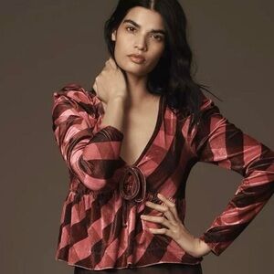 Maeve Anthropologie Pink Velvet Plaid Puff Sleeve Babydoll Top Blouse | Size M